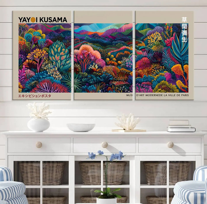 A stunning wall art print featuring Yayoi Kusama's 1986 abstract landscape hangs prominently, seamlessly incorporating elements of Japanese wabi-sabi into the contemporary space.