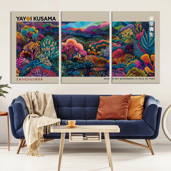 A stunning wall art print featuring Yayoi Kusama's 1986 abstract landscape hangs prominently, seamlessly incorporating elements of Japanese wabi-sabi into the contemporary space.