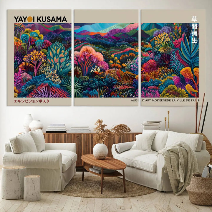 A stunning wall art print featuring Yayoi Kusama's 1986 abstract landscape hangs prominently, seamlessly incorporating elements of Japanese wabi-sabi into the contemporary space.