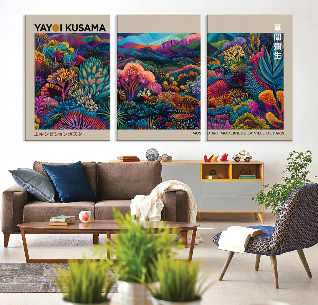 A stunning wall art print featuring Yayoi Kusama's 1986 abstract landscape hangs prominently, seamlessly incorporating elements of Japanese wabi-sabi into the contemporary space.