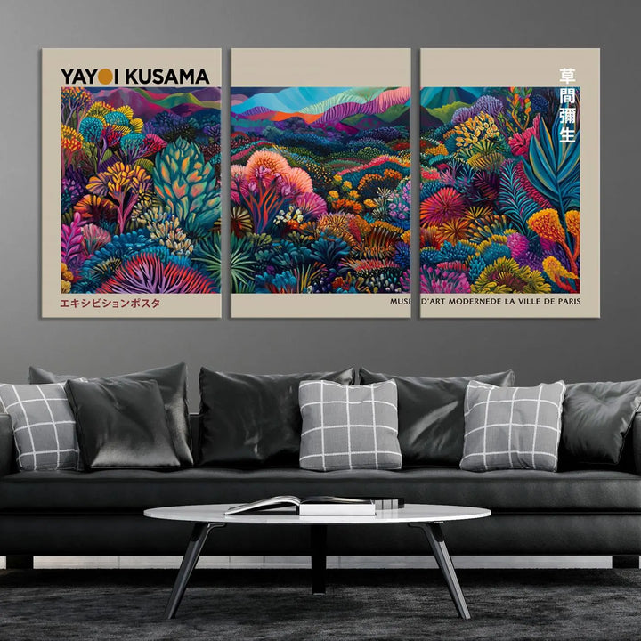 A stunning wall art print featuring Yayoi Kusama's 1986 abstract landscape hangs prominently, seamlessly incorporating elements of Japanese wabi-sabi into the contemporary space.