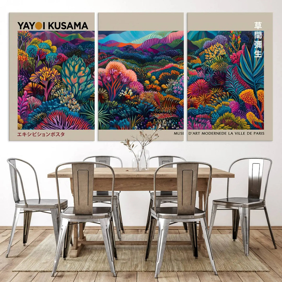 A stunning wall art print featuring Yayoi Kusama's 1986 abstract landscape hangs prominently, seamlessly incorporating elements of Japanese wabi-sabi into the contemporary space.