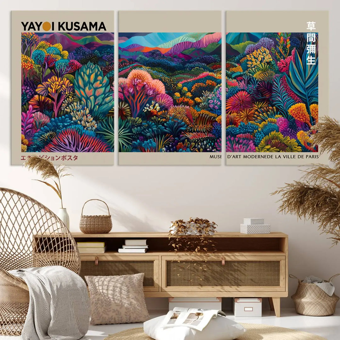 A stunning wall art print featuring Yayoi Kusama's 1986 abstract landscape hangs prominently, seamlessly incorporating elements of Japanese wabi-sabi into the contemporary space.