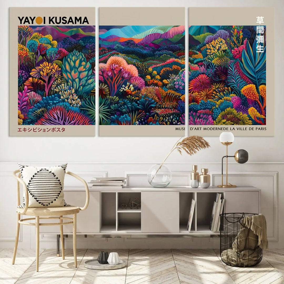 A stunning wall art print featuring Yayoi Kusama's 1986 abstract landscape hangs prominently, seamlessly incorporating elements of Japanese wabi-sabi into the contemporary space.