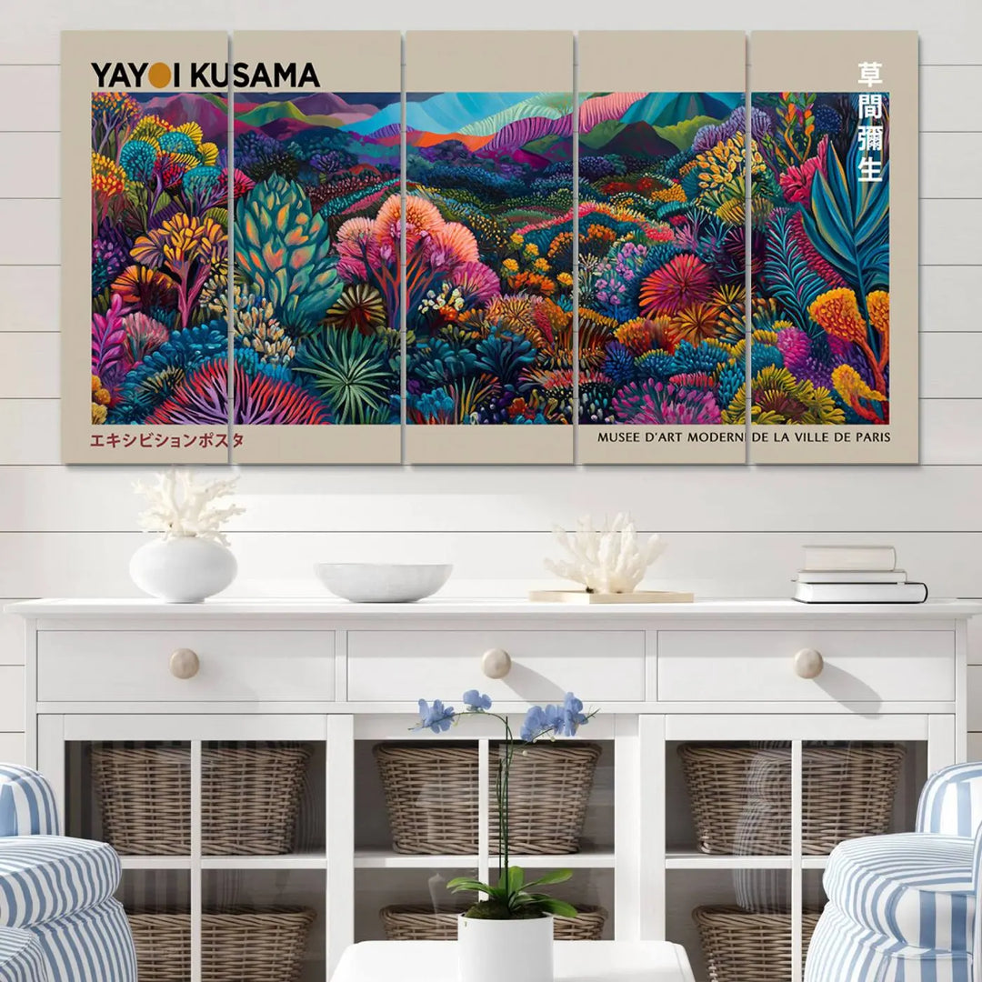 A stunning wall art print featuring Yayoi Kusama's 1986 abstract landscape hangs prominently, seamlessly incorporating elements of Japanese wabi-sabi into the contemporary space.