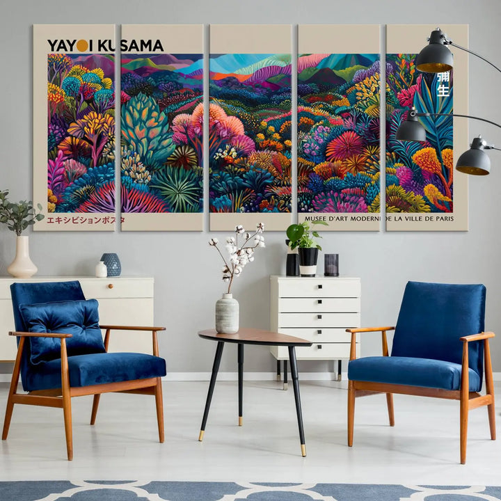 A stunning wall art print featuring Yayoi Kusama's 1986 abstract landscape hangs prominently, seamlessly incorporating elements of Japanese wabi-sabi into the contemporary space.