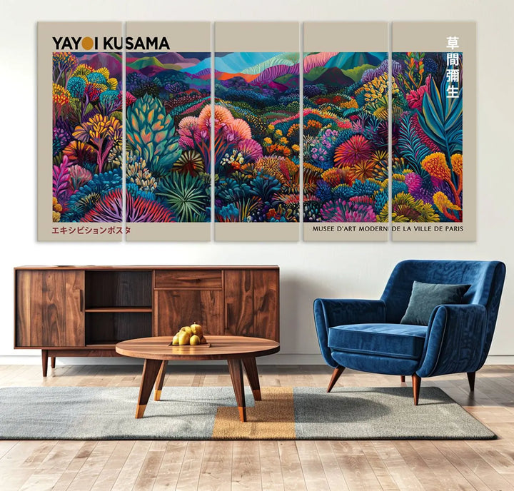 A stunning wall art print featuring Yayoi Kusama's 1986 abstract landscape hangs prominently, seamlessly incorporating elements of Japanese wabi-sabi into the contemporary space.