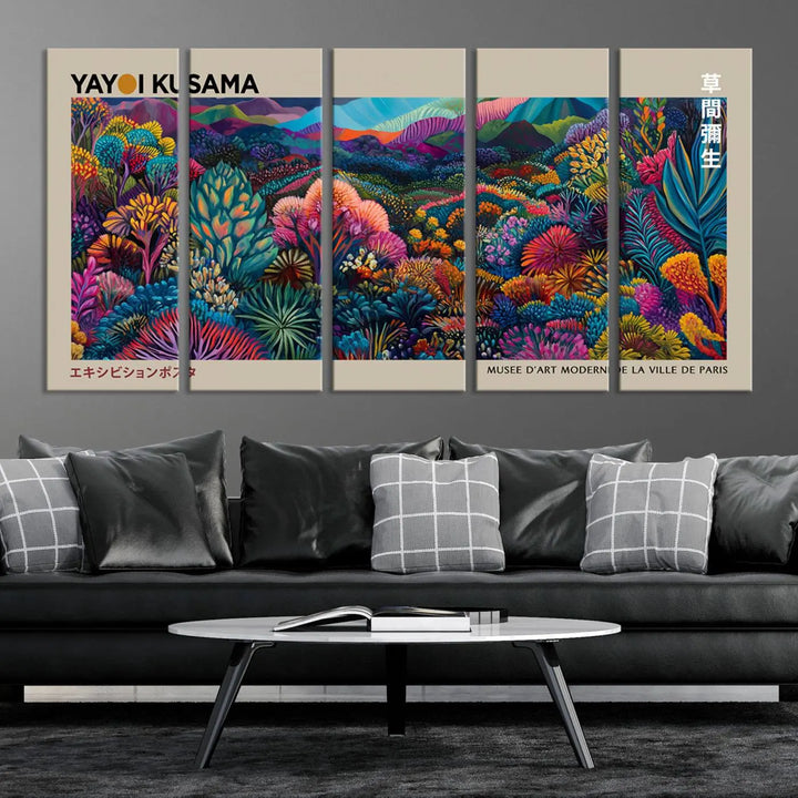 A stunning wall art print featuring Yayoi Kusama's 1986 abstract landscape hangs prominently, seamlessly incorporating elements of Japanese wabi-sabi into the contemporary space.