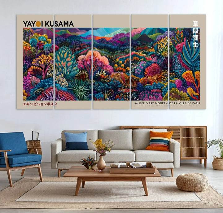 A stunning wall art print featuring Yayoi Kusama's 1986 abstract landscape hangs prominently, seamlessly incorporating elements of Japanese wabi-sabi into the contemporary space.