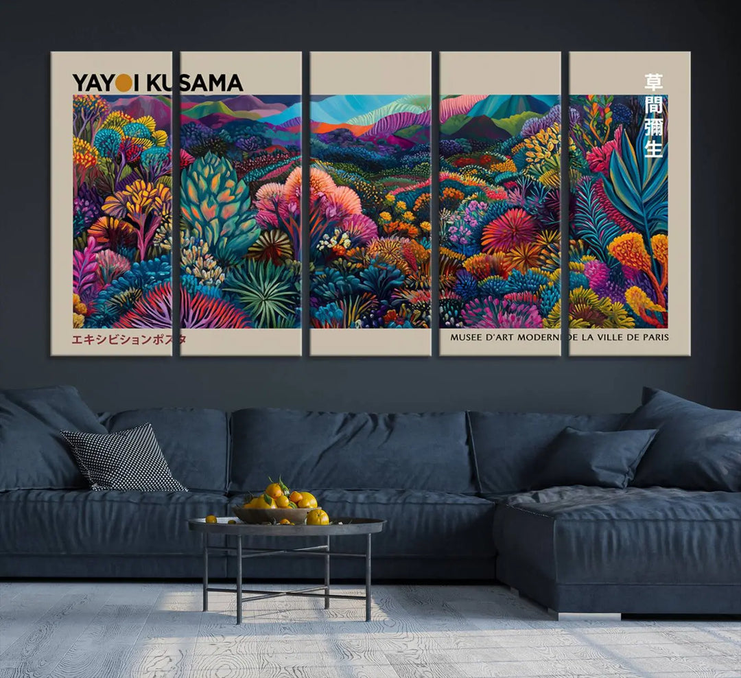 A stunning wall art print featuring Yayoi Kusama's 1986 abstract landscape hangs prominently, seamlessly incorporating elements of Japanese wabi-sabi into the contemporary space.