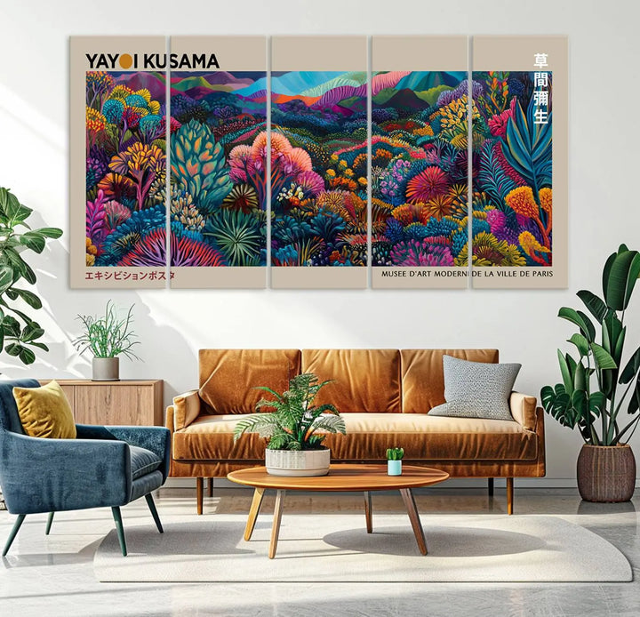 A stunning wall art print featuring Yayoi Kusama's 1986 abstract landscape hangs prominently, seamlessly incorporating elements of Japanese wabi-sabi into the contemporary space.