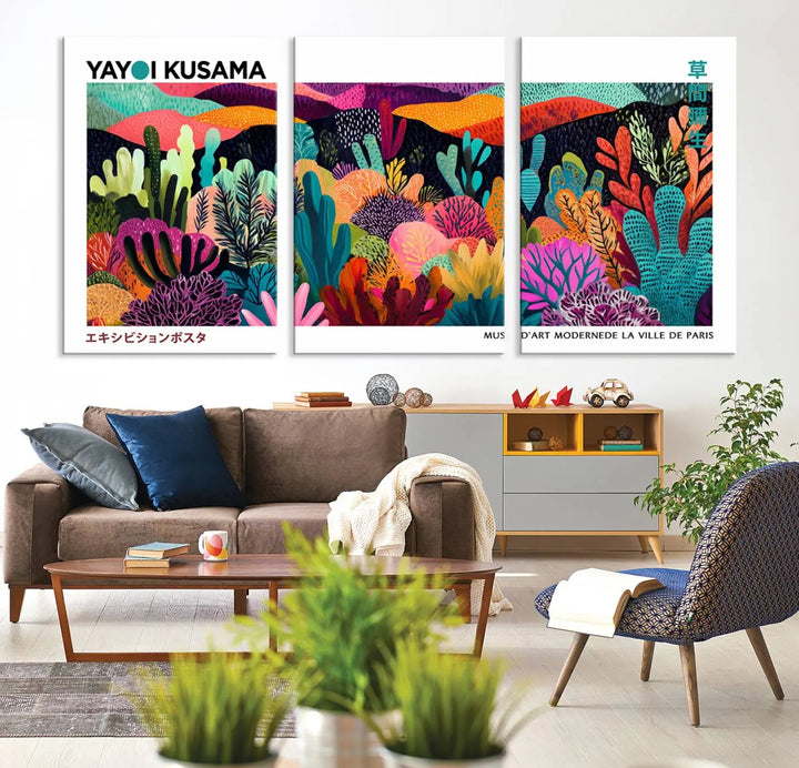 A cozy living room features colorful wall art, with the Framed Yayoi Kusama 1986 Wall Art Print taking center stage. This vibrant abstract landscape canvas seamlessly blends with the contemporary décor, creating a lively yet harmonious atmosphere.