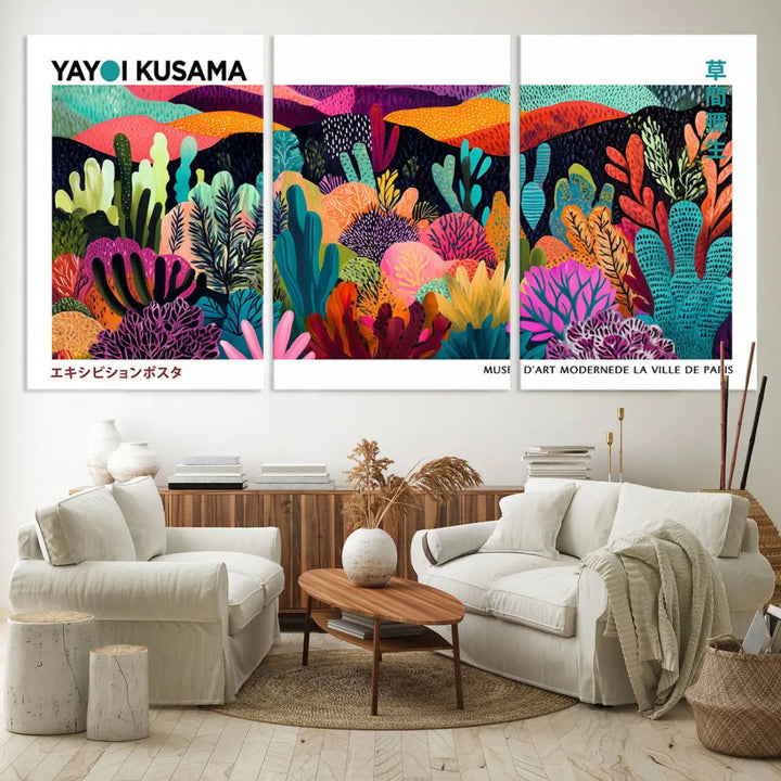 A cozy living room features colorful wall art, with the Framed Yayoi Kusama 1986 Wall Art Print taking center stage. This vibrant abstract landscape canvas seamlessly blends with the contemporary décor, creating a lively yet harmonious atmosphere.