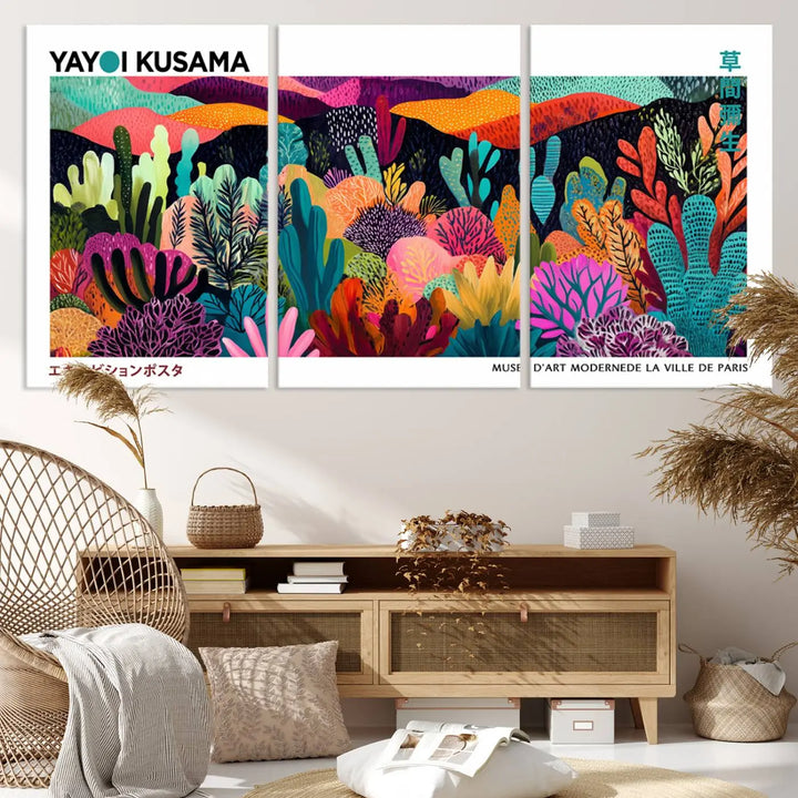 A cozy living room features colorful wall art, with the Framed Yayoi Kusama 1986 Wall Art Print taking center stage. This vibrant abstract landscape canvas seamlessly blends with the contemporary décor, creating a lively yet harmonious atmosphere.