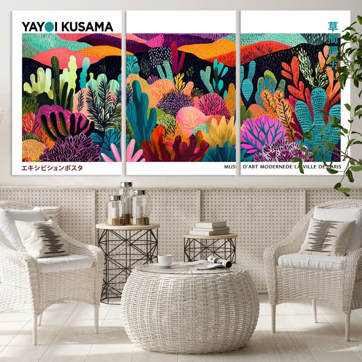 A cozy living room features colorful wall art, with the Framed Yayoi Kusama 1986 Wall Art Print taking center stage. This vibrant abstract landscape canvas seamlessly blends with the contemporary décor, creating a lively yet harmonious atmosphere.