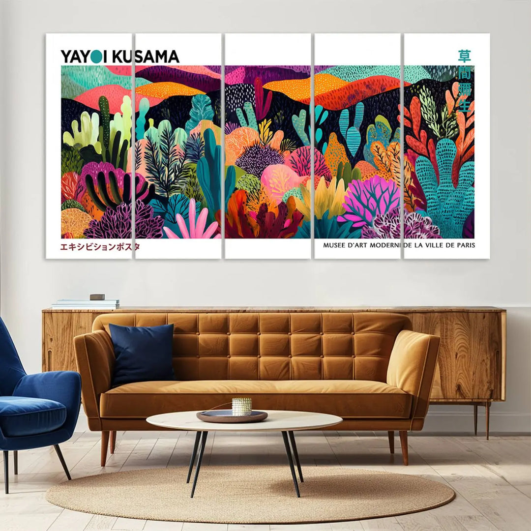 A cozy living room features colorful wall art, with the Framed Yayoi Kusama 1986 Wall Art Print taking center stage. This vibrant abstract landscape canvas seamlessly blends with the contemporary décor, creating a lively yet harmonious atmosphere.