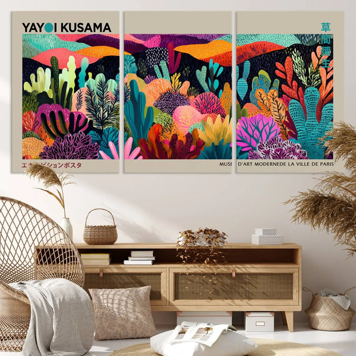 The Framed Yayoi Kusama 1986 Wall Art Print serves as a contemporary, nature-inspired décor piece, displaying colorful plant-like forms.