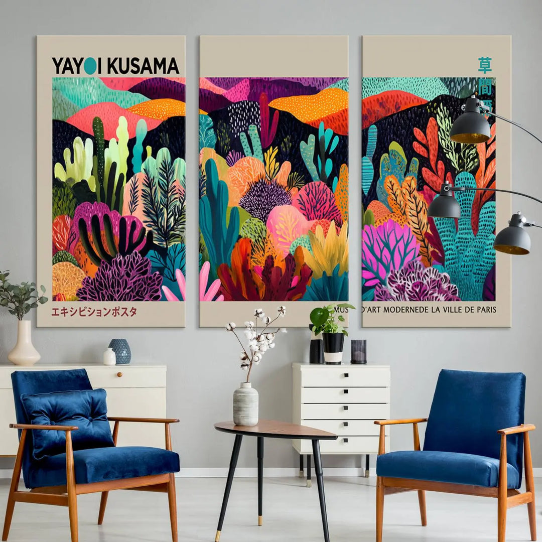 The Framed Yayoi Kusama 1986 Wall Art Print serves as a contemporary, nature-inspired décor piece, displaying colorful plant-like forms.