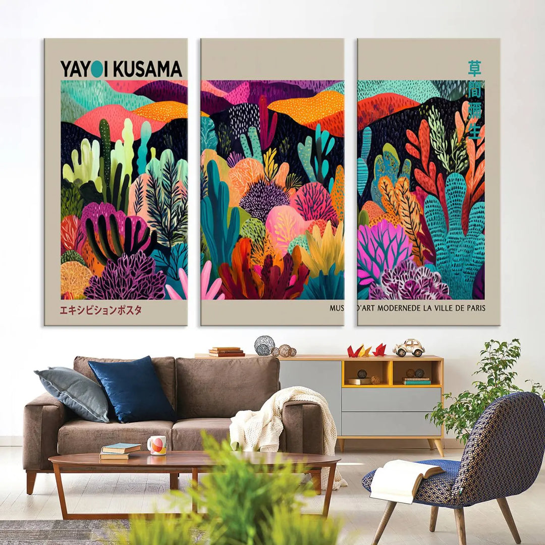 The Framed Yayoi Kusama 1986 Wall Art Print serves as a contemporary, nature-inspired décor piece, displaying colorful plant-like forms.