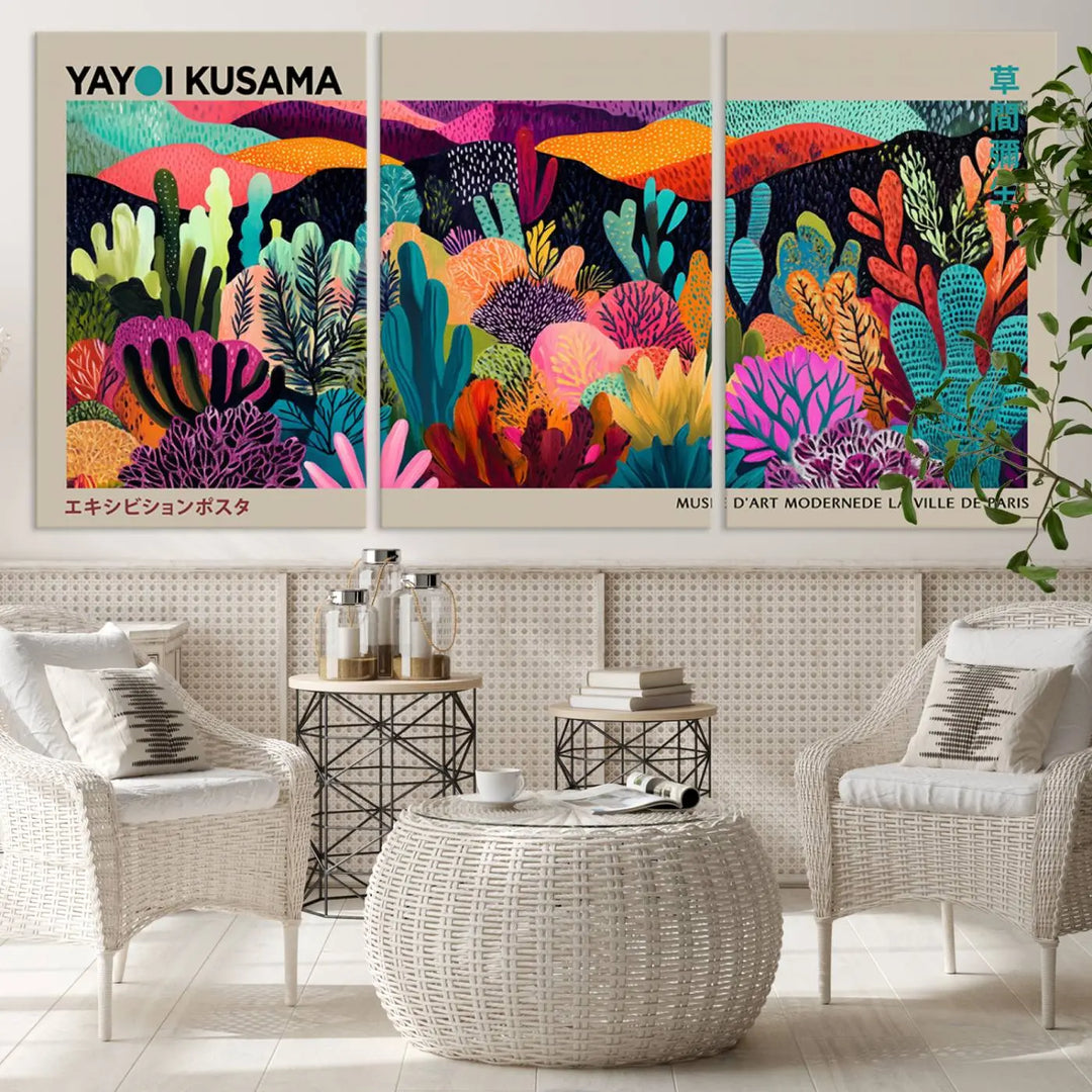 The Framed Yayoi Kusama 1986 Wall Art Print serves as a contemporary, nature-inspired décor piece, displaying colorful plant-like forms.