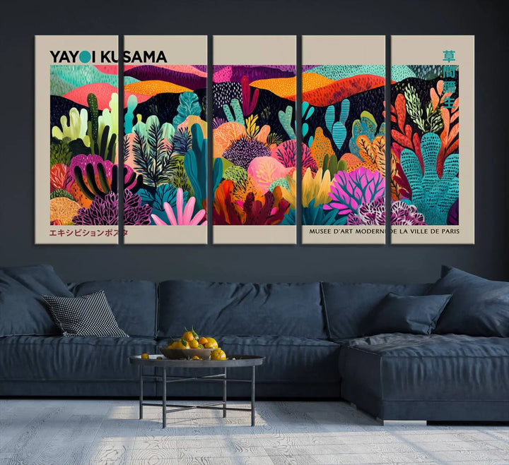 The Framed Yayoi Kusama 1986 Wall Art Print serves as a contemporary, nature-inspired décor piece, displaying colorful plant-like forms.