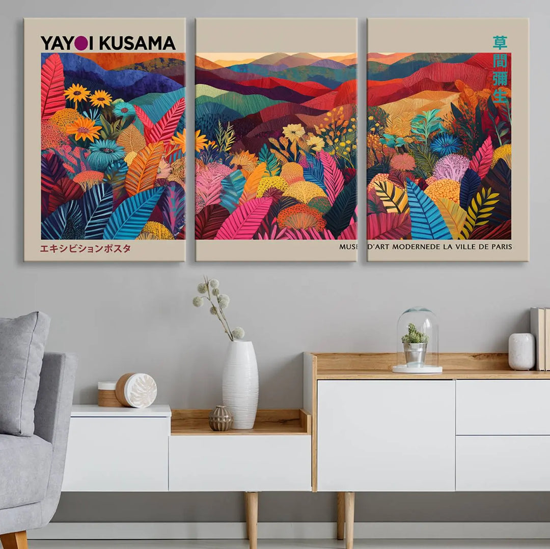 The Framed Yayoi Kusama 1986 Wall Art Print, a vibrant abstract landscape canvas, infuses the space with a touch of contemporary décor.