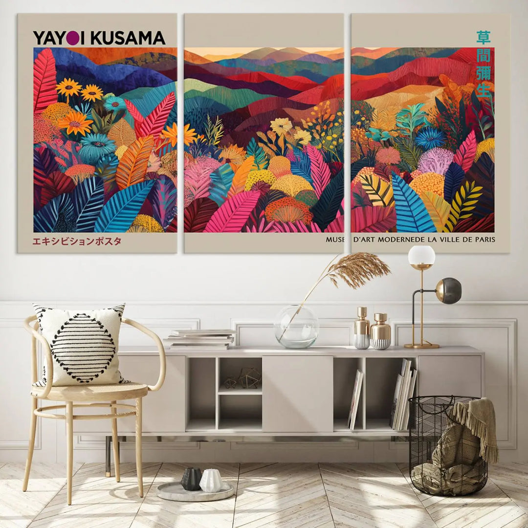 The Framed Yayoi Kusama 1986 Wall Art Print, a vibrant abstract landscape canvas, infuses the space with a touch of contemporary décor.