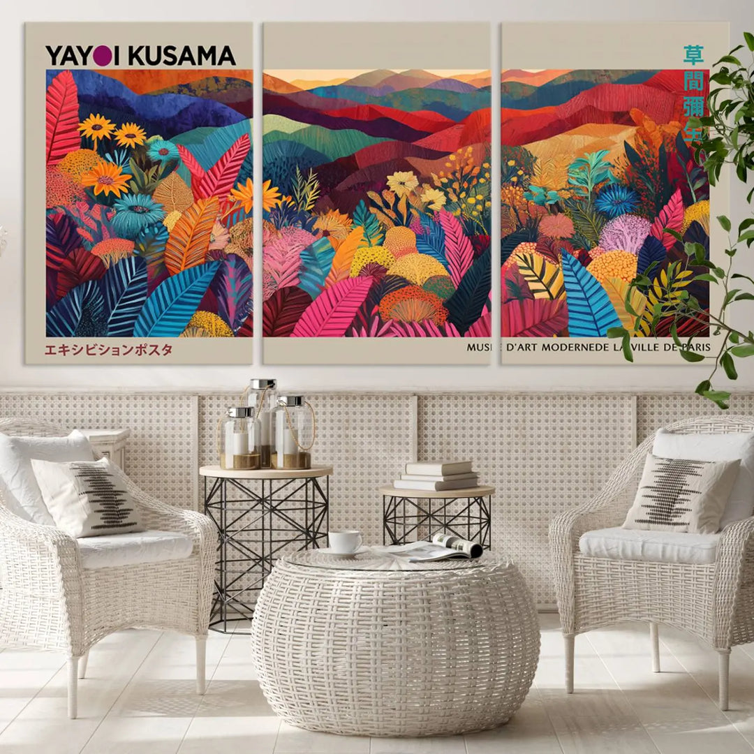 The Framed Yayoi Kusama 1986 Wall Art Print, a vibrant abstract landscape canvas, infuses the space with a touch of contemporary décor.