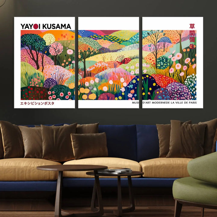 Three vibrant, abstract Yayoi Kusama wall art prints adorn a black wall, creating a perfect blend of contemporary décor.