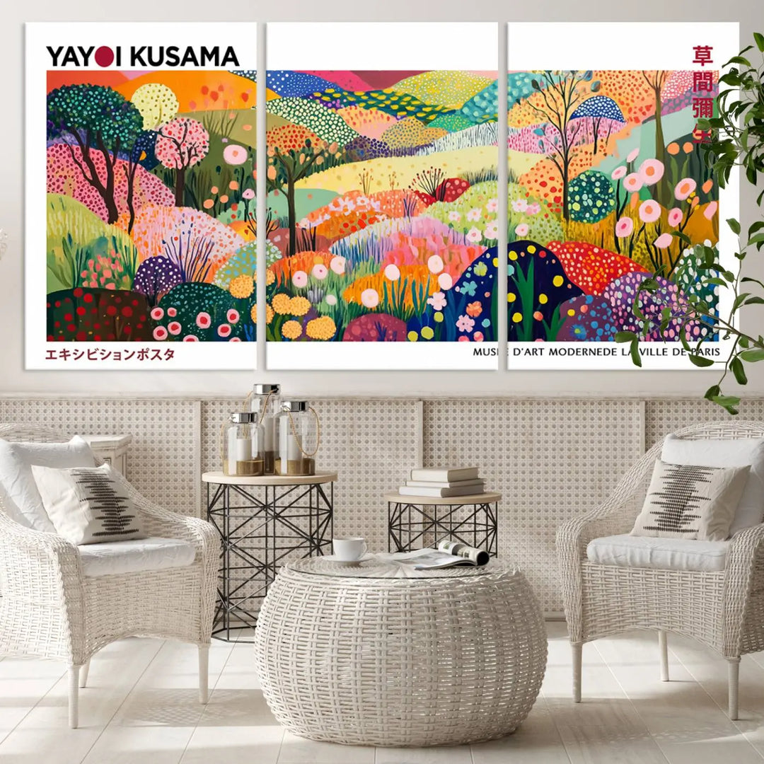 Three vibrant, abstract Yayoi Kusama wall art prints adorn a black wall, creating a perfect blend of contemporary décor.