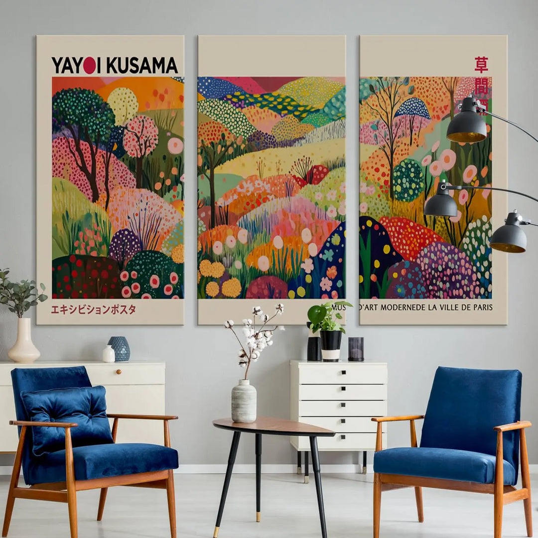 The Framed Yayoi Kusama 1986 Wall Art Print, a vibrant abstract landscape canvas inspired by Japanese design, adds a striking element to the bright room.