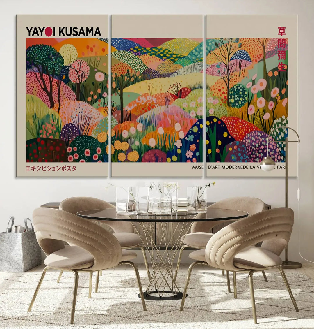 The Framed Yayoi Kusama 1986 Wall Art Print, a vibrant abstract landscape canvas inspired by Japanese design, adds a striking element to the bright room.