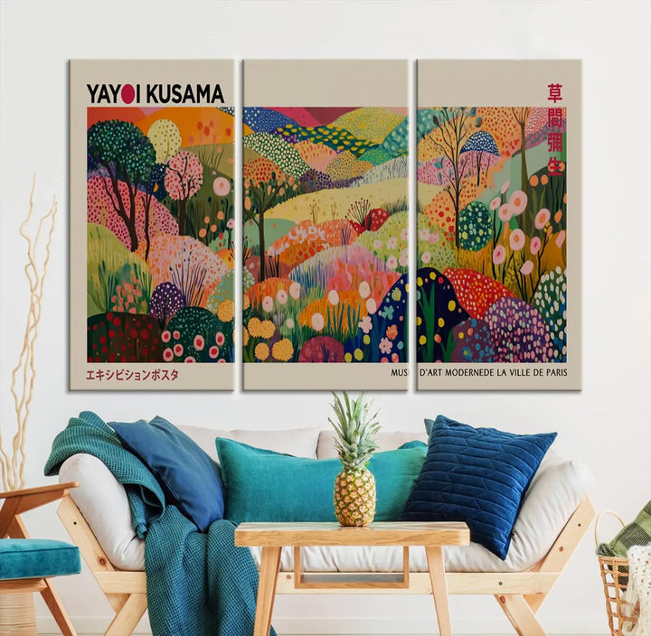 The Framed Yayoi Kusama 1986 Wall Art Print, a vibrant abstract landscape canvas inspired by Japanese design, adds a striking element to the bright room.