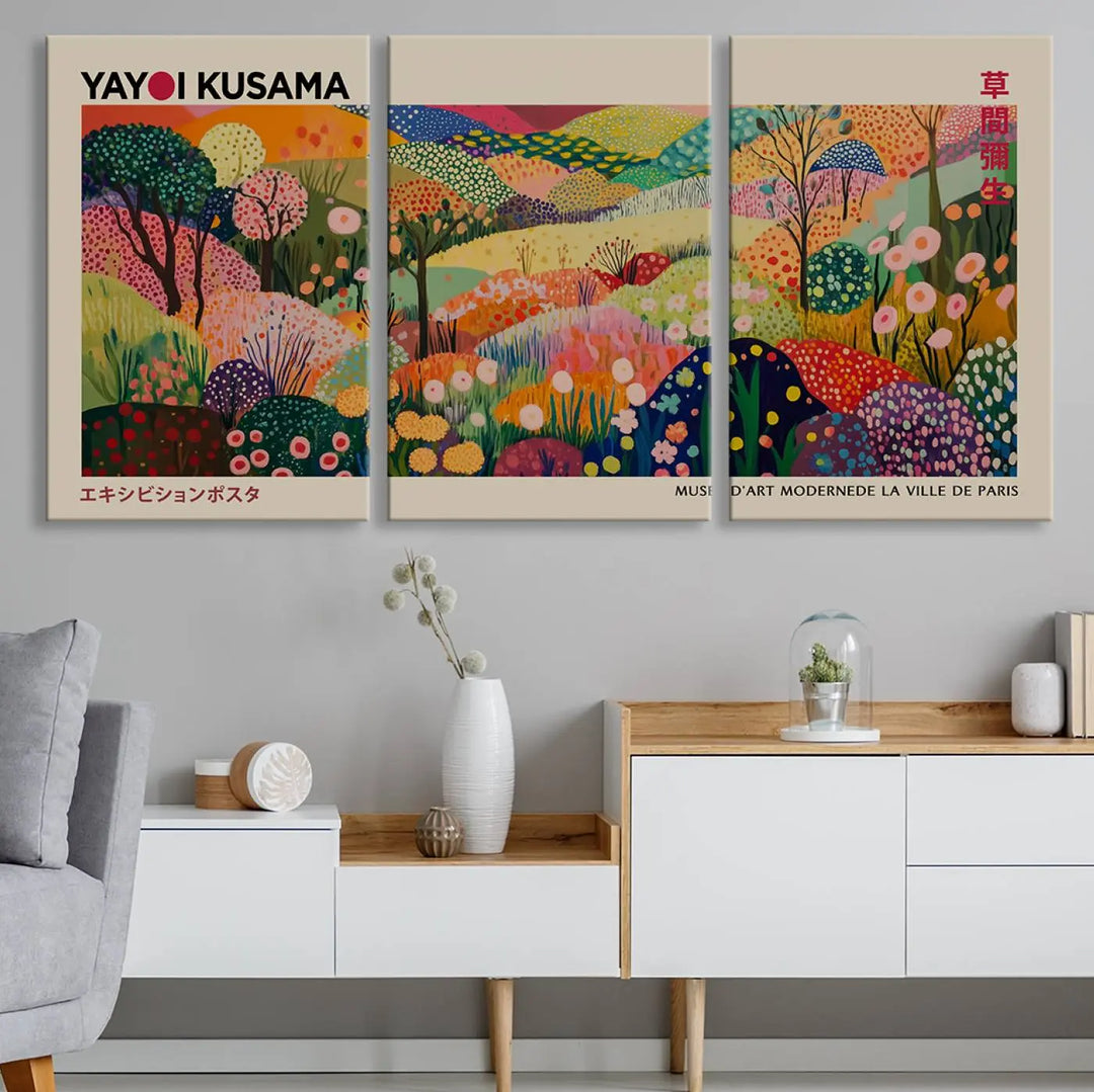 The Framed Yayoi Kusama 1986 Wall Art Print, a vibrant abstract landscape canvas inspired by Japanese design, adds a striking element to the bright room.