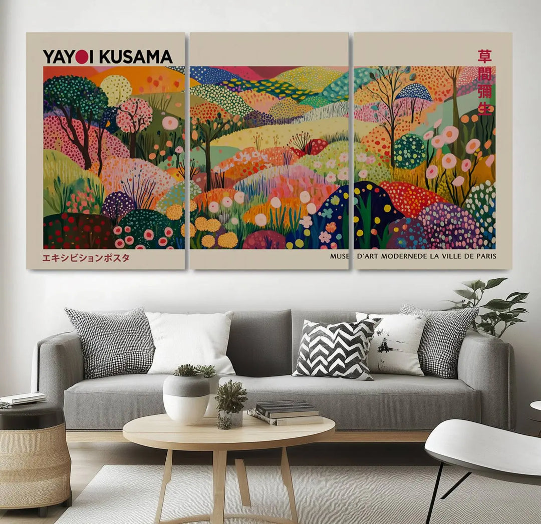 The Framed Yayoi Kusama 1986 Wall Art Print, a vibrant abstract landscape canvas inspired by Japanese design, adds a striking element to the bright room.