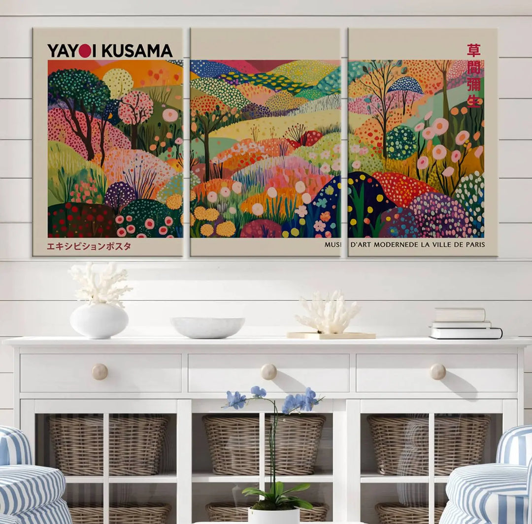 The Framed Yayoi Kusama 1986 Wall Art Print, a vibrant abstract landscape canvas inspired by Japanese design, adds a striking element to the bright room.