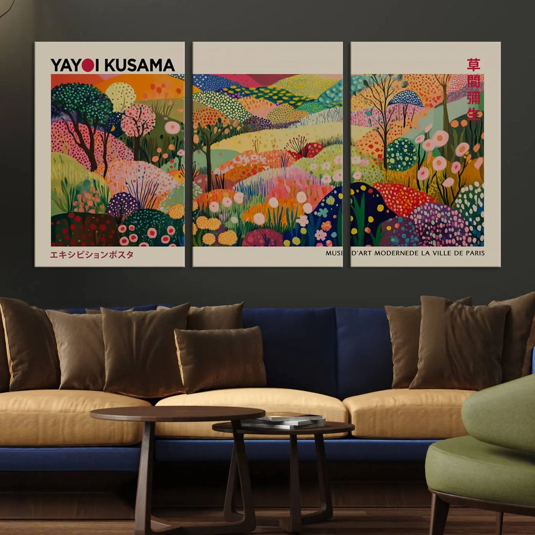 The Framed Yayoi Kusama 1986 Wall Art Print, a vibrant abstract landscape canvas inspired by Japanese design, adds a striking element to the bright room.