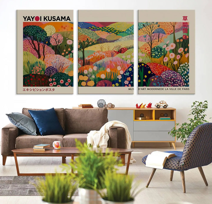 The Framed Yayoi Kusama 1986 Wall Art Print, a vibrant abstract landscape canvas inspired by Japanese design, adds a striking element to the bright room.