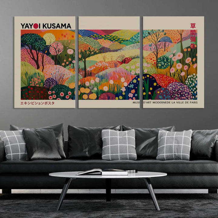 The Framed Yayoi Kusama 1986 Wall Art Print, a vibrant abstract landscape canvas inspired by Japanese design, adds a striking element to the bright room.