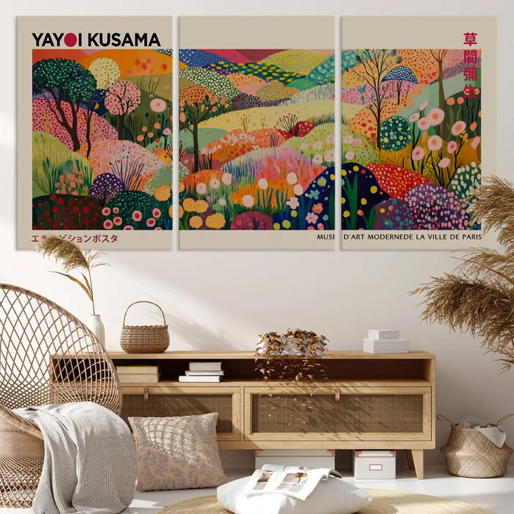 The Framed Yayoi Kusama 1986 Wall Art Print, a vibrant abstract landscape canvas inspired by Japanese design, adds a striking element to the bright room.