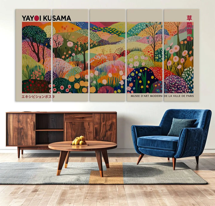 The Framed Yayoi Kusama 1986 Wall Art Print, a vibrant abstract landscape canvas inspired by Japanese design, adds a striking element to the bright room.