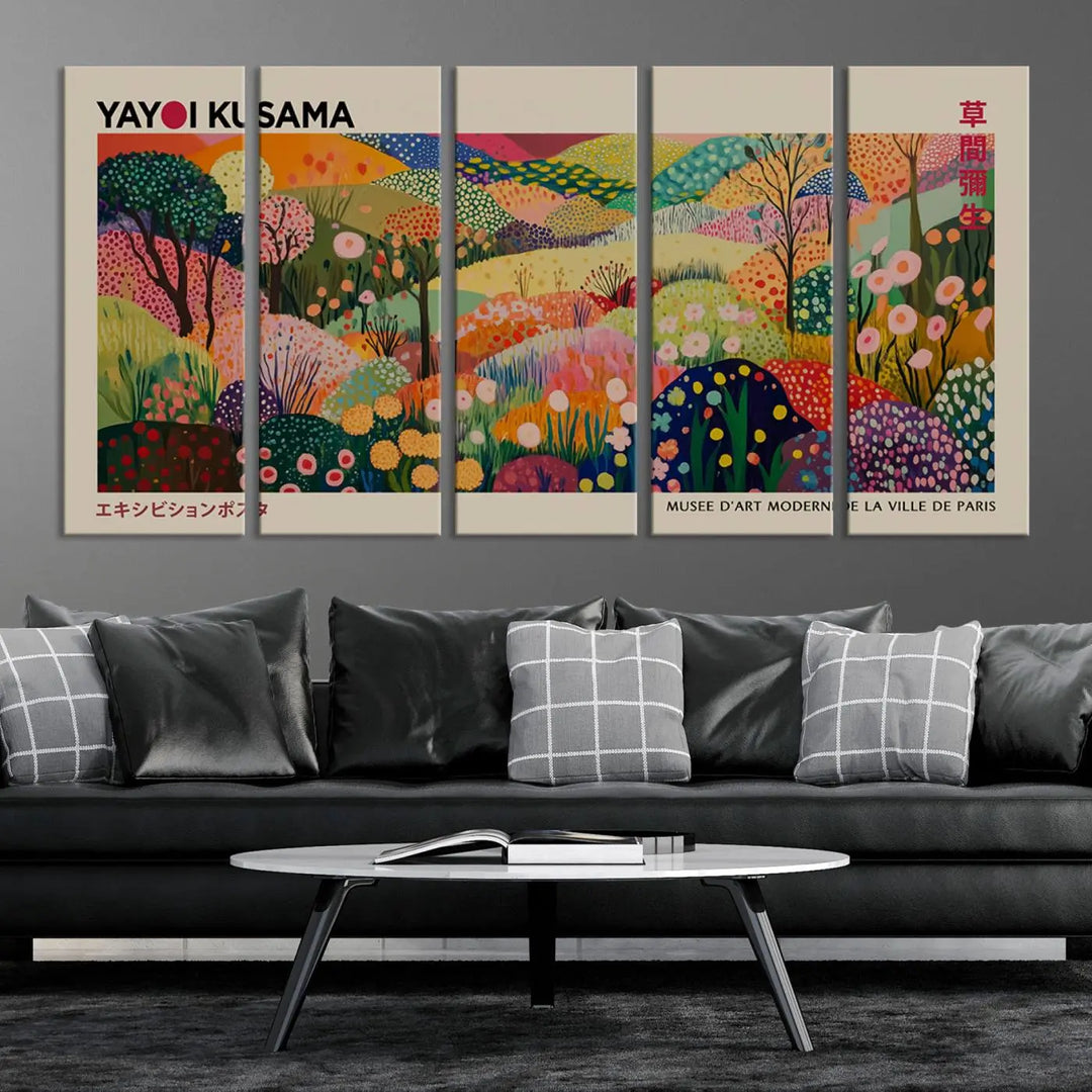 The Framed Yayoi Kusama 1986 Wall Art Print, a vibrant abstract landscape canvas inspired by Japanese design, adds a striking element to the bright room.