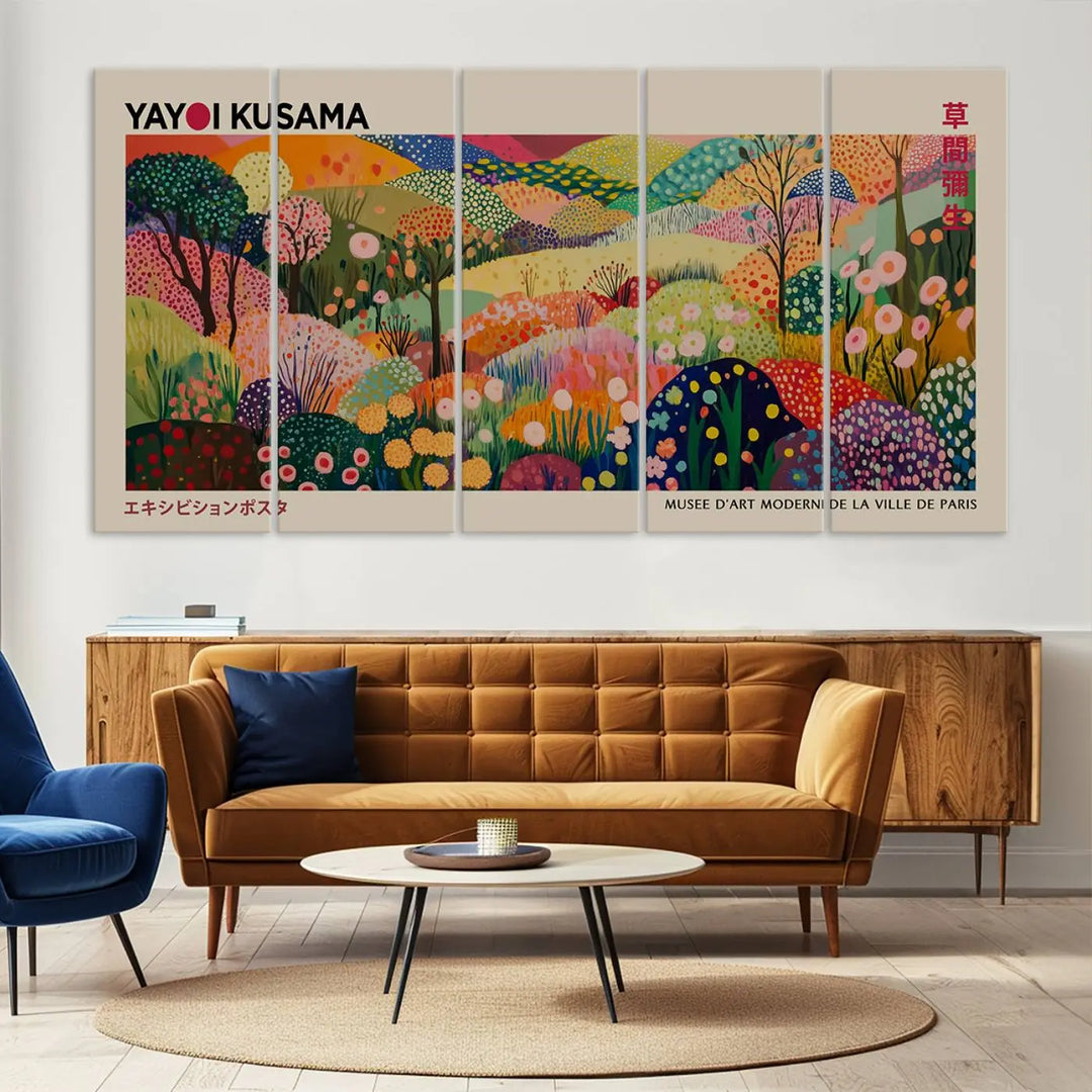 The Framed Yayoi Kusama 1986 Wall Art Print, a vibrant abstract landscape canvas inspired by Japanese design, adds a striking element to the bright room.