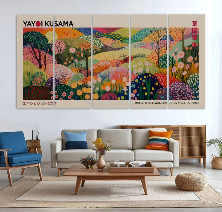 The Framed Yayoi Kusama 1986 Wall Art Print, a vibrant abstract landscape canvas inspired by Japanese design, adds a striking element to the bright room.