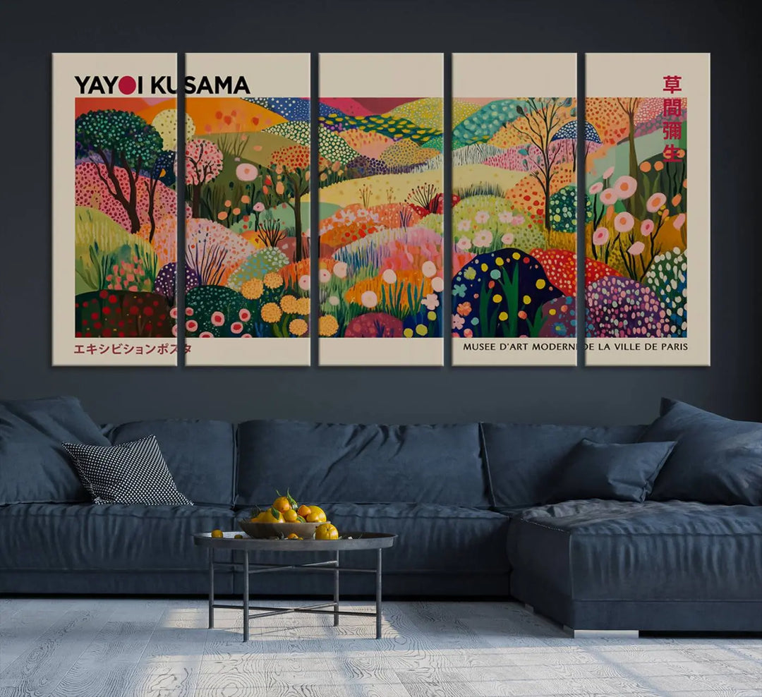 The Framed Yayoi Kusama 1986 Wall Art Print, a vibrant abstract landscape canvas inspired by Japanese design, adds a striking element to the bright room.