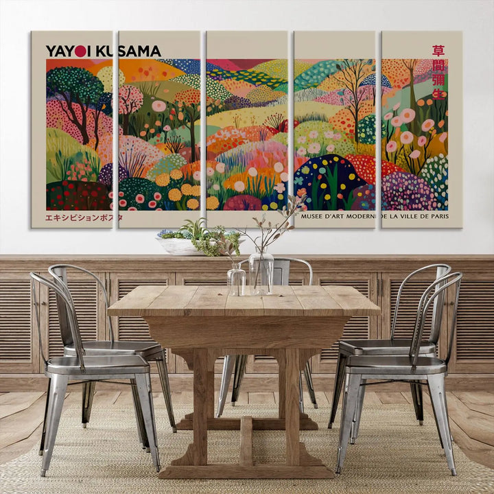 The Framed Yayoi Kusama 1986 Wall Art Print, a vibrant abstract landscape canvas inspired by Japanese design, adds a striking element to the bright room.