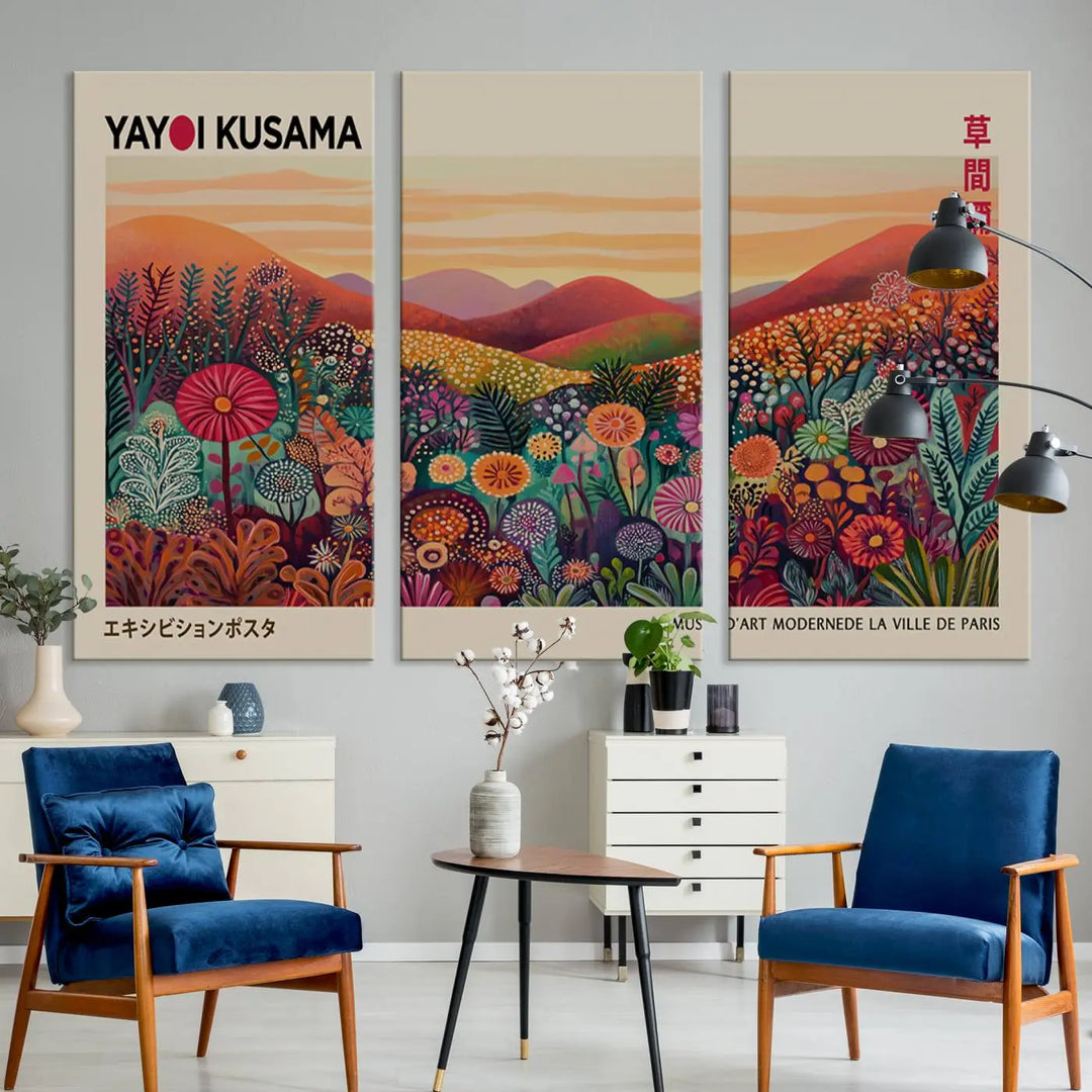 The room is adorned with a triptych artwork depicting colorful flowers and hills, incorporating the "Framed Yayoi Kusama 1986 Wall Art Print" – a vibrant abstract landscape canvas print that blends Japanese Wabi Sabi themes into contemporary nature-inspired décor.