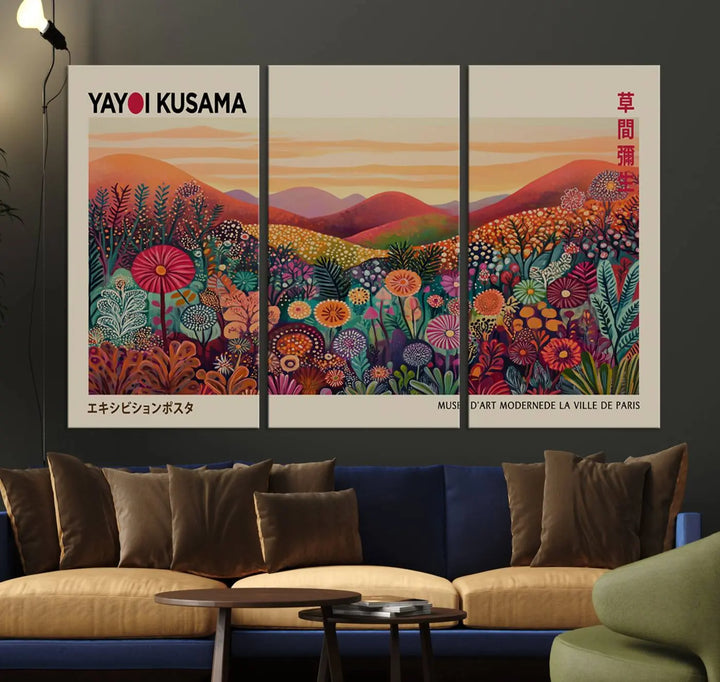 The room is adorned with a triptych artwork depicting colorful flowers and hills, incorporating the "Framed Yayoi Kusama 1986 Wall Art Print" – a vibrant abstract landscape canvas print that blends Japanese Wabi Sabi themes into contemporary nature-inspired décor.