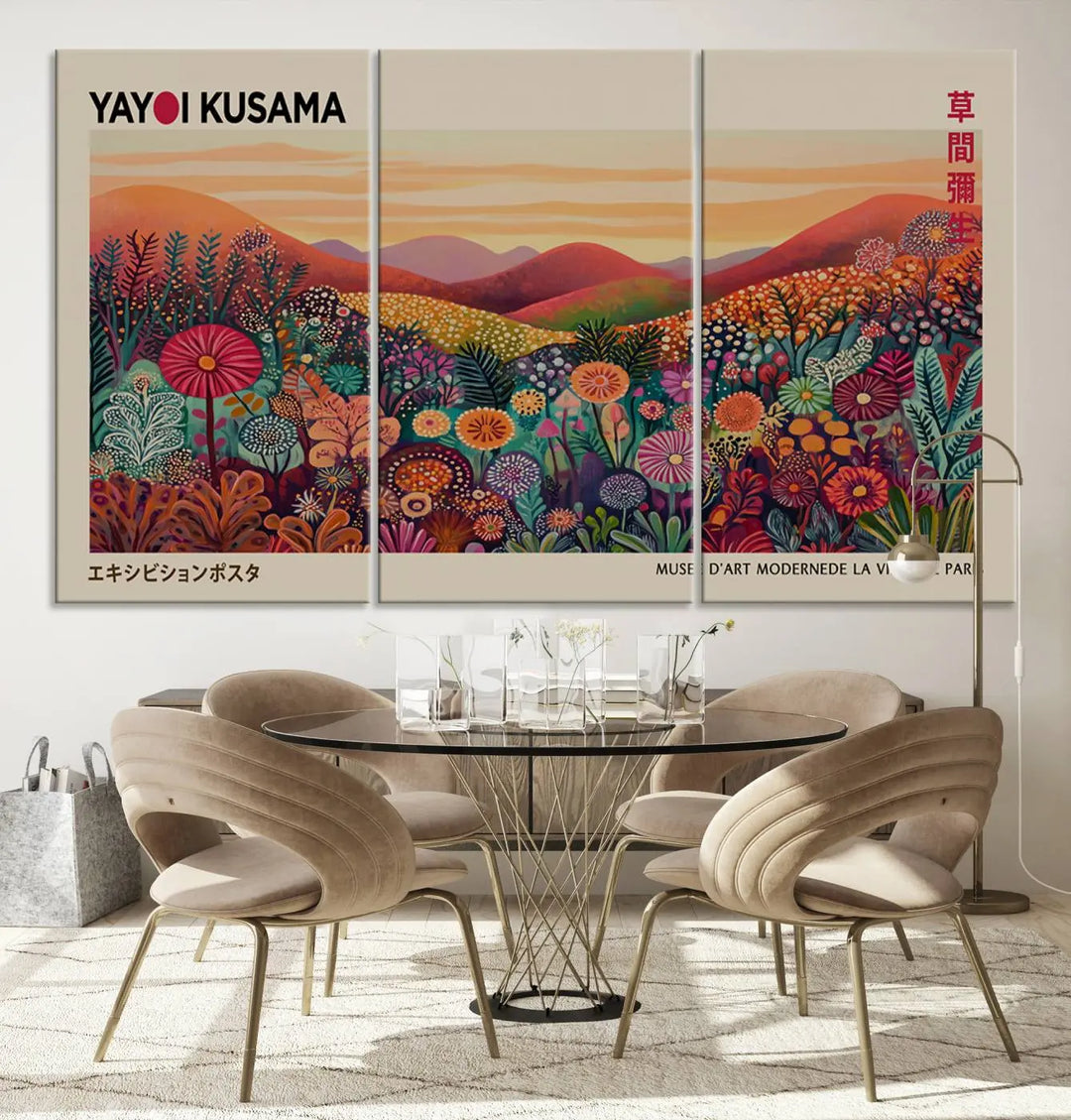 The room is adorned with a triptych artwork depicting colorful flowers and hills, incorporating the "Framed Yayoi Kusama 1986 Wall Art Print" – a vibrant abstract landscape canvas print that blends Japanese Wabi Sabi themes into contemporary nature-inspired décor.