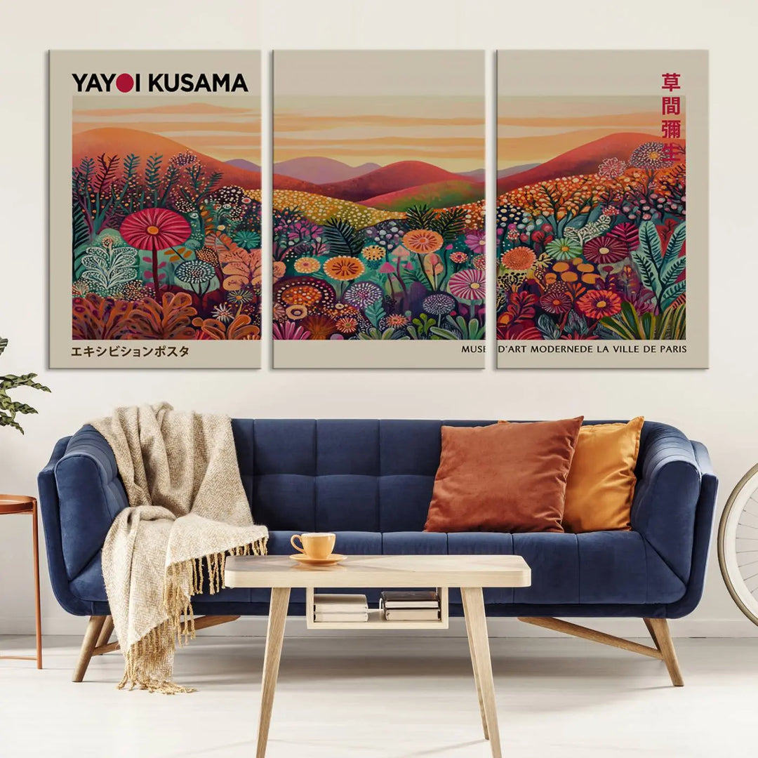 The room is adorned with a triptych artwork depicting colorful flowers and hills, incorporating the "Framed Yayoi Kusama 1986 Wall Art Print" – a vibrant abstract landscape canvas print that blends Japanese Wabi Sabi themes into contemporary nature-inspired décor.